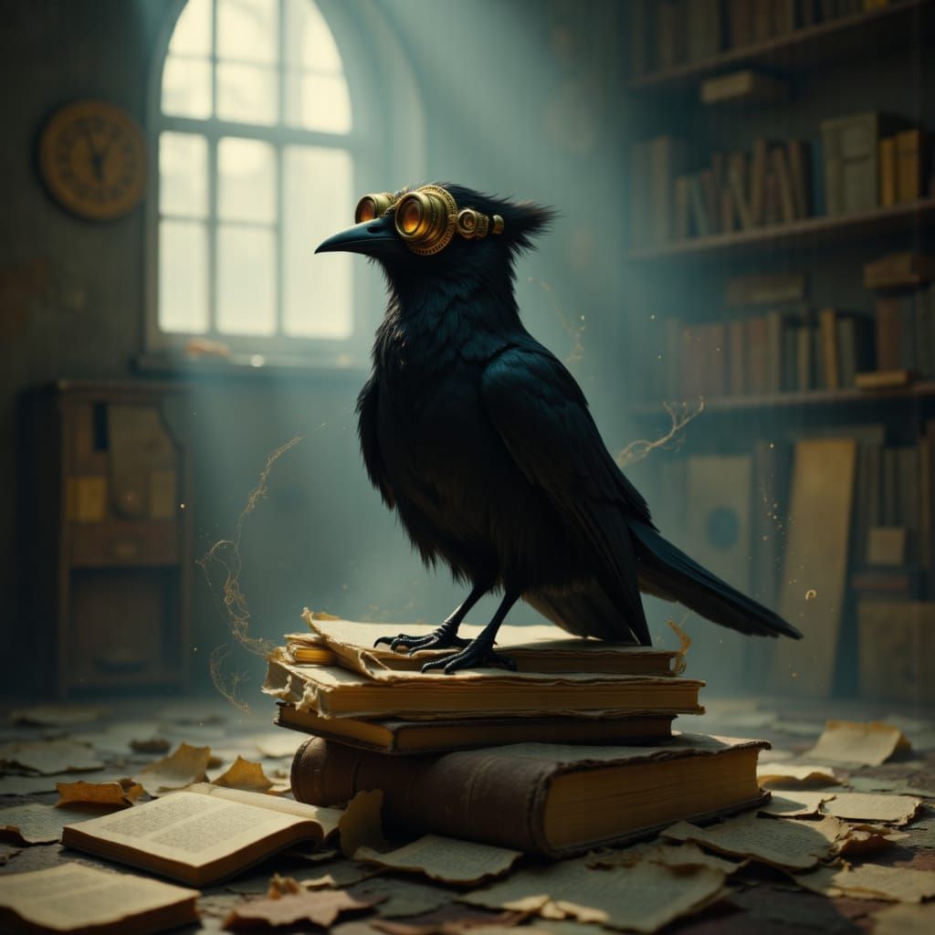 Steampunk Crow on Dusty Tomes in Attic