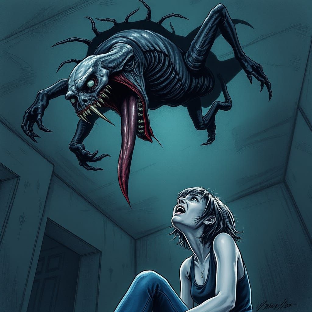 Resident Evil Licker Horror Scene in Comic Style