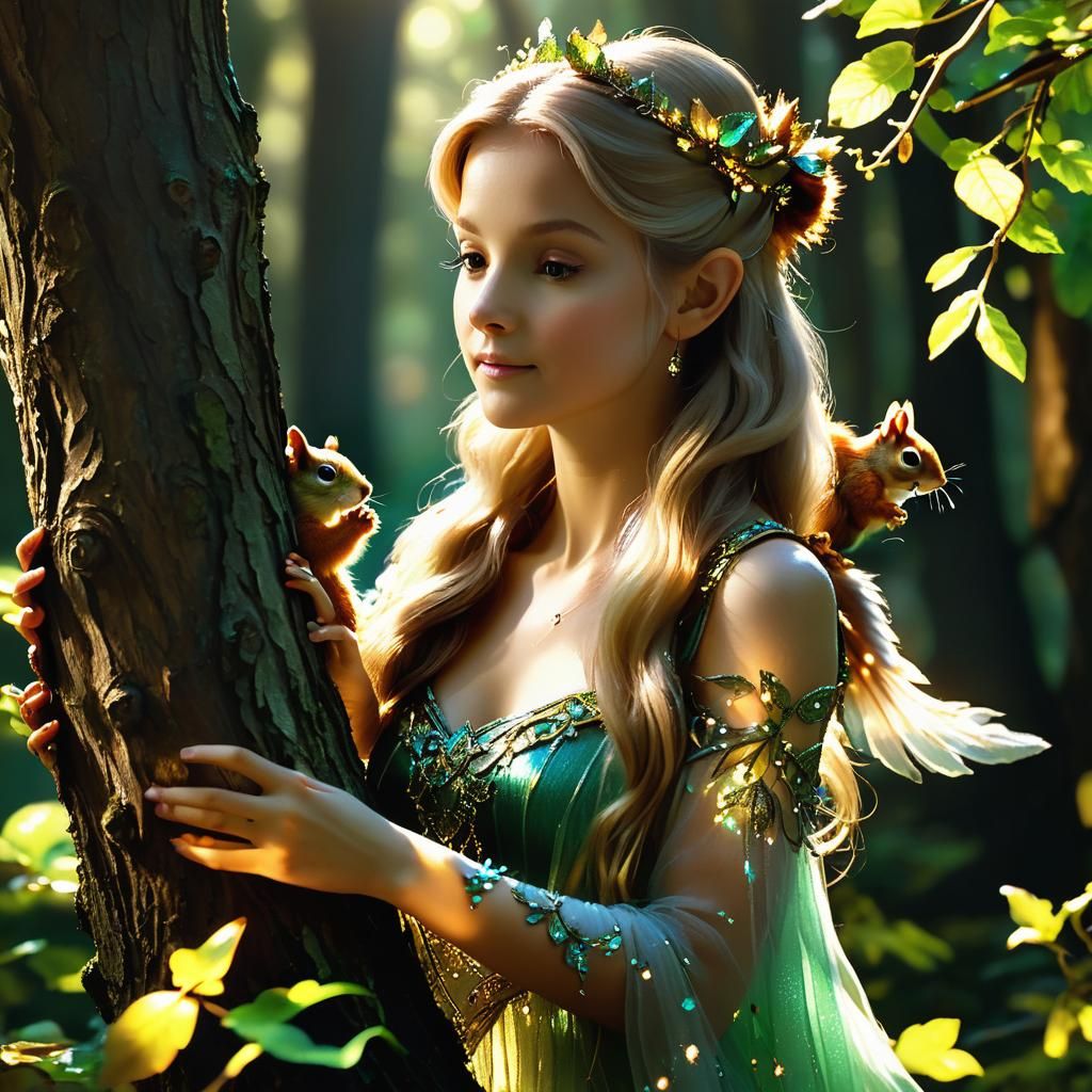 Ethereal Fairy Emerges from Glowing Tree in Mystic Forest