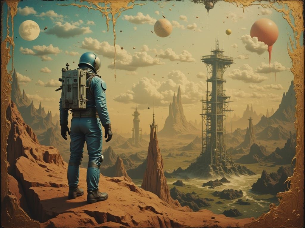 Astronaut in Surreal Landscape, Melting Oil on Canvas