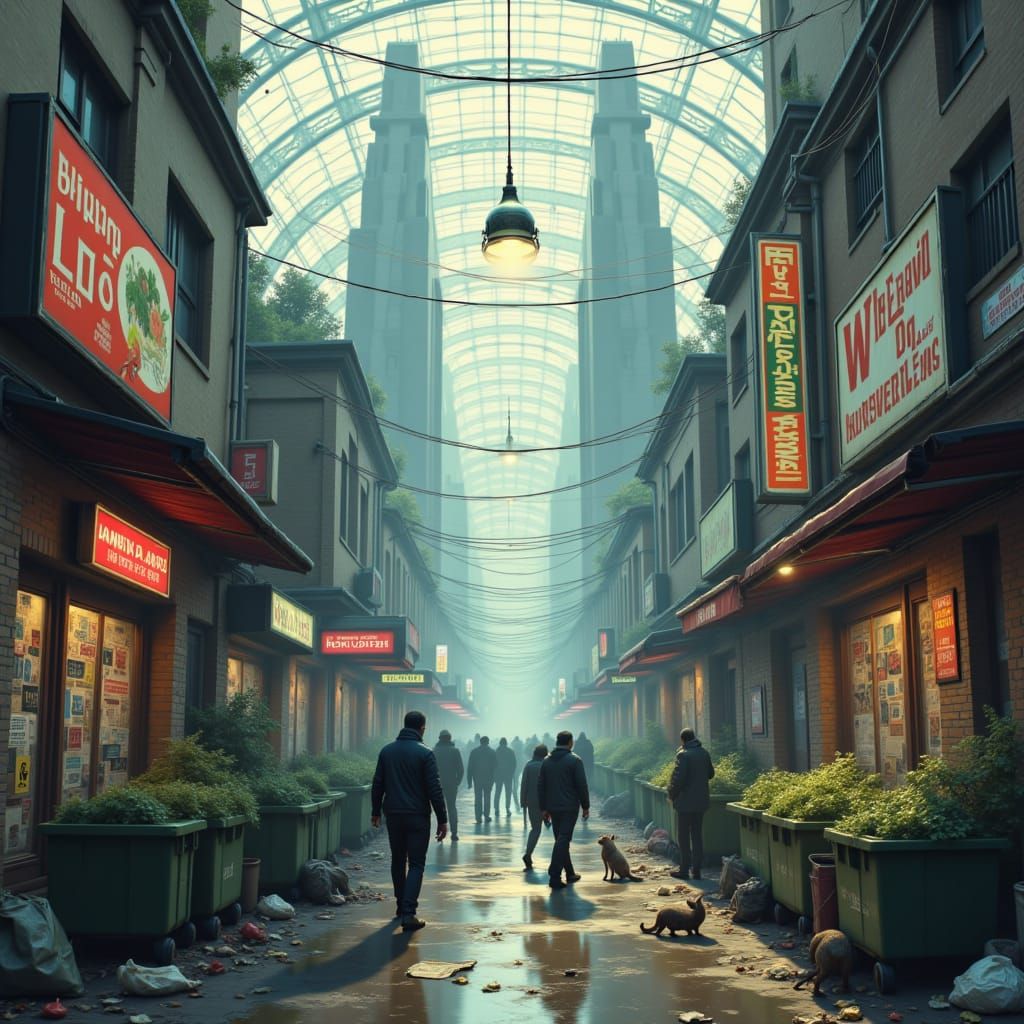 Bustling Alien Marketplace Inside Futuristic City Dome