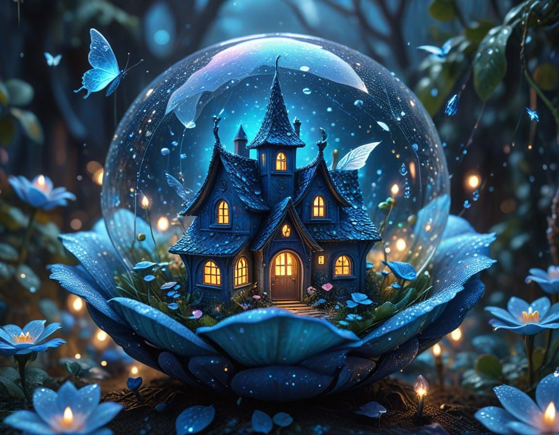 Tiny Village Inside Blue Rose Bud with Fairy Wings