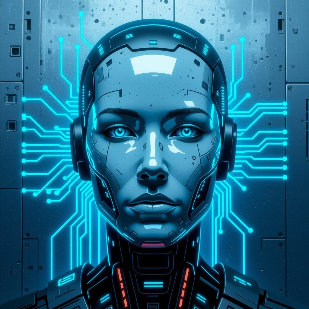 Futuristic Robotic Face in Dystopian Digital Art Style