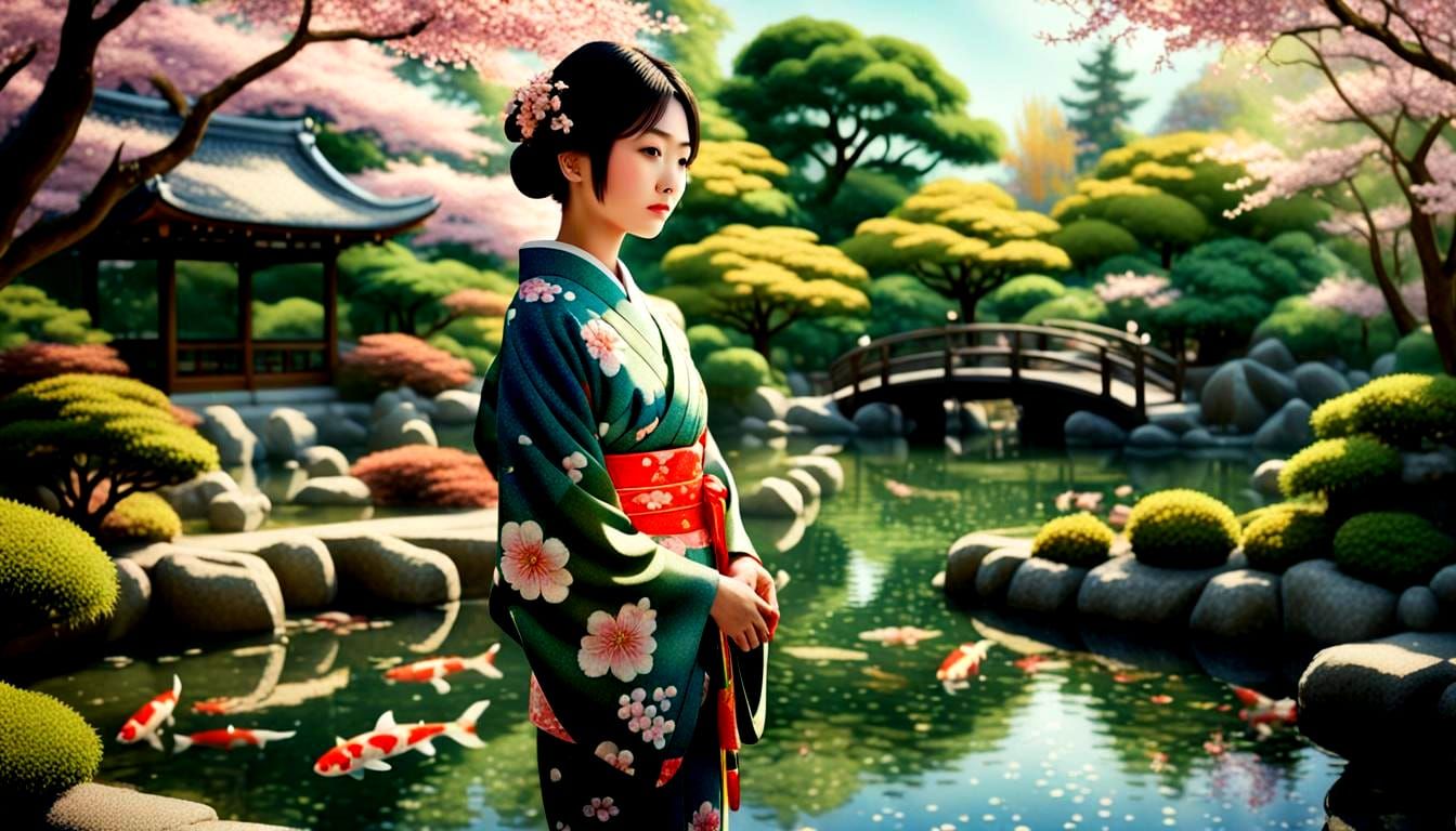 Japanese Woman in Garden in Pointillism Style