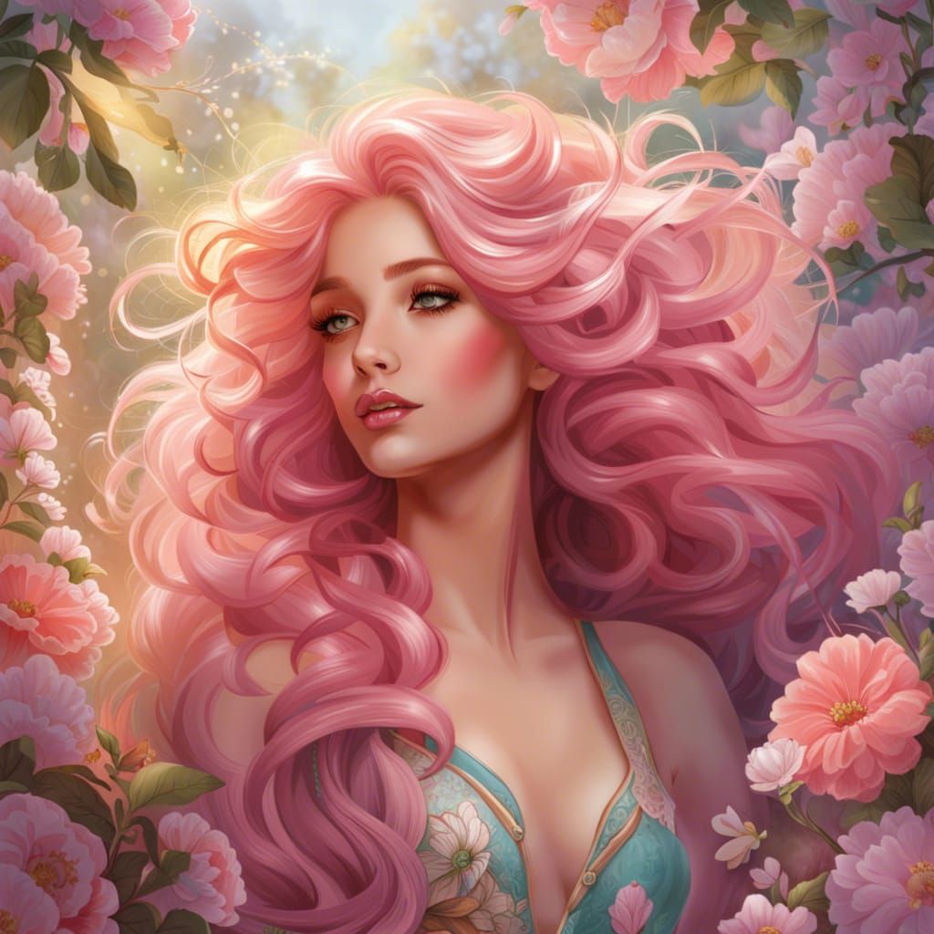 Enchanted Spring Goddess with Pink Hair, Digital Art