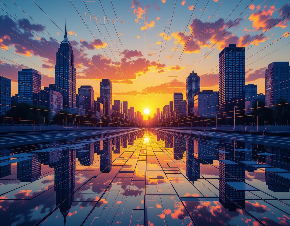 Surreal Glitchcore Cityscape with Shattered Glass Reflection