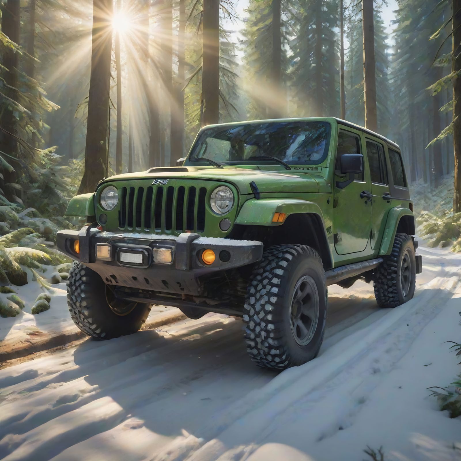 Vibrant Forest Jeep Scene in Unrealistic Detail
