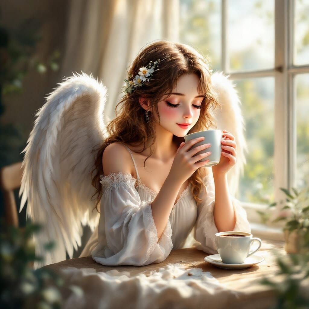 Angel Drinking Coffee in the Morning