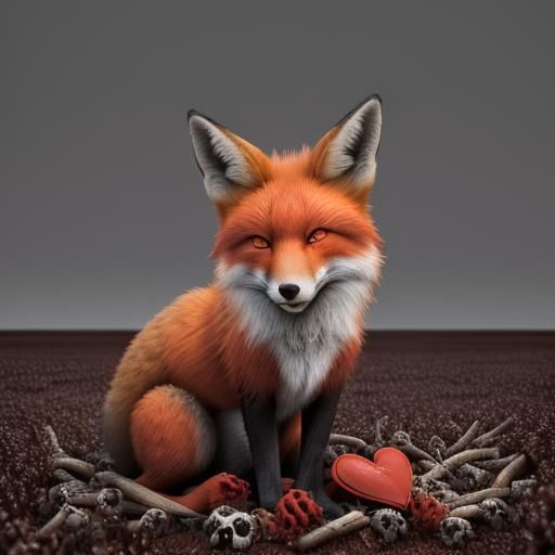 Sorrowful Fox Cries Over Heart in Skull Field