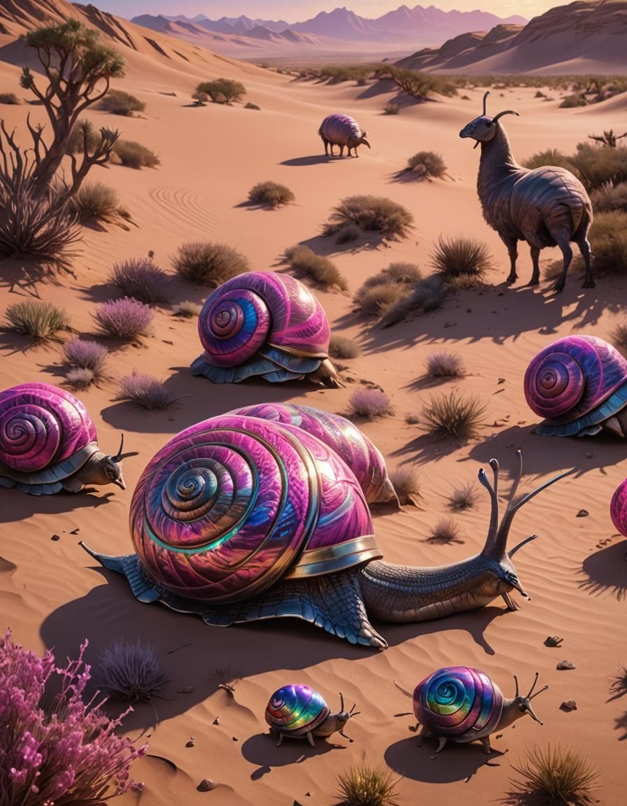 Giant Snail Leads Flock Through Desert at Sunset