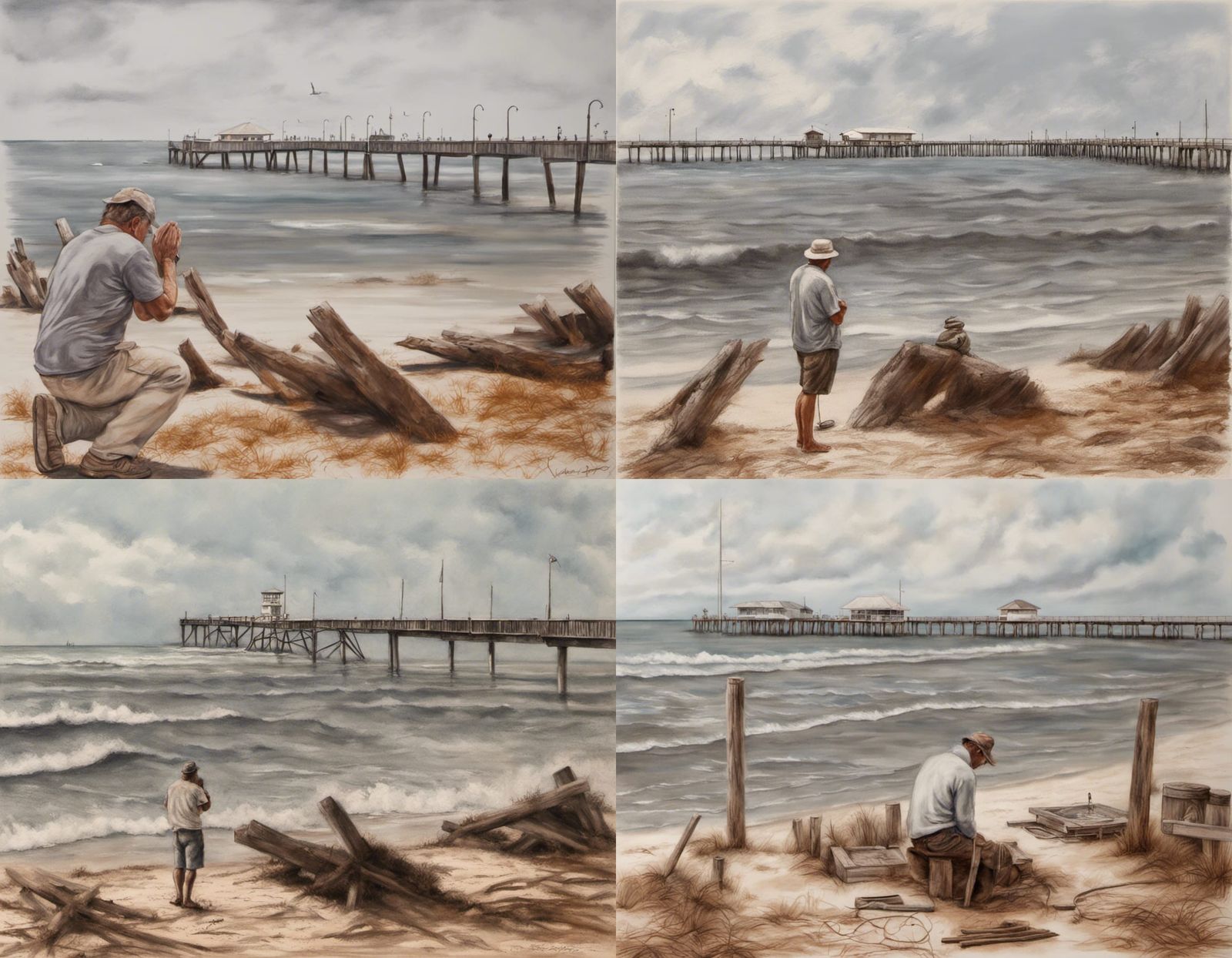 Fisherman's Prayer at Anna Maria Pier: Charcoal Drawing