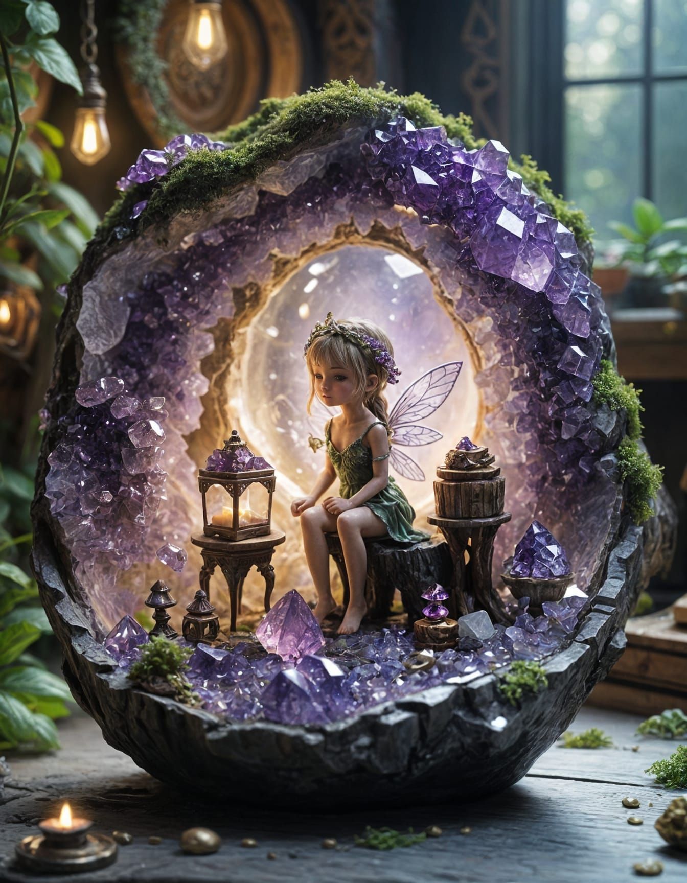 Whimsical Fairy Home Inside Amethyst Geode