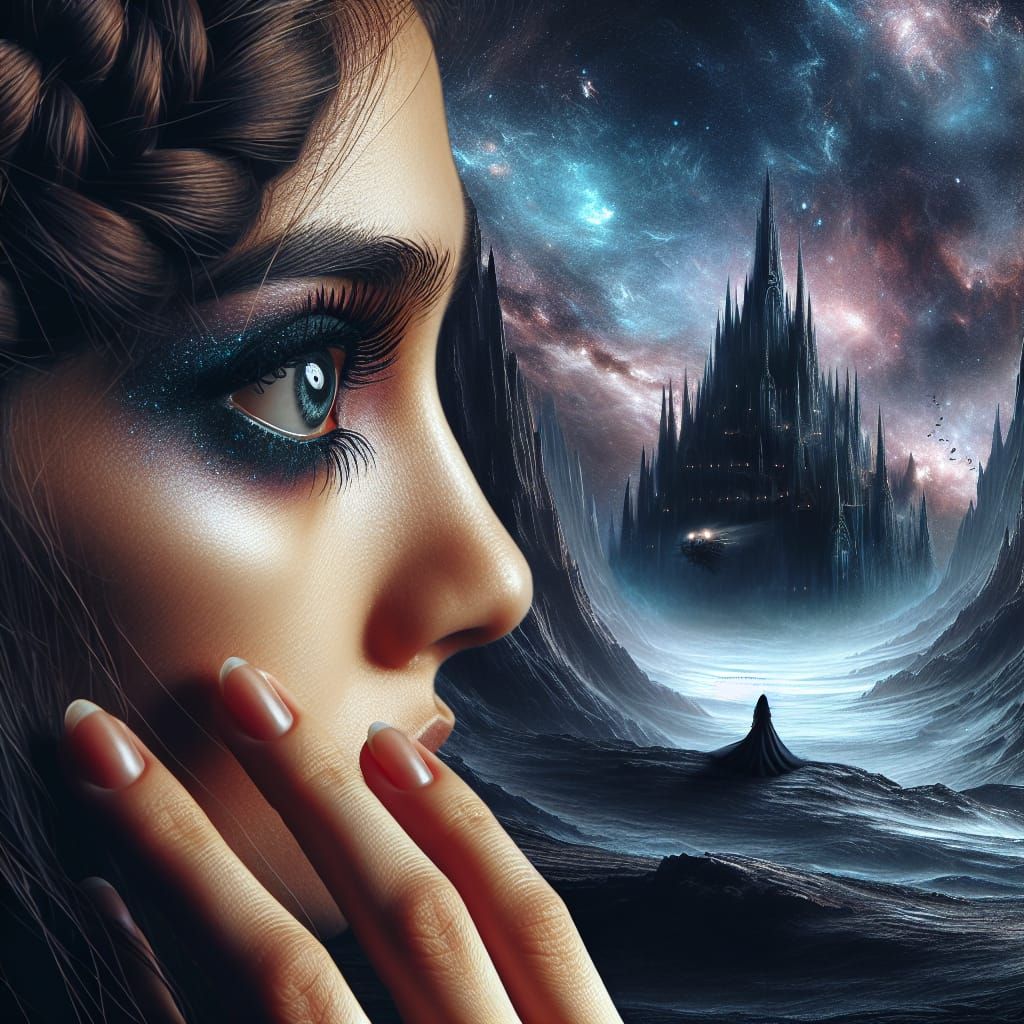 Woman's Eyes in Cosmic Abyss: A Hyperrealistic Oil Painting