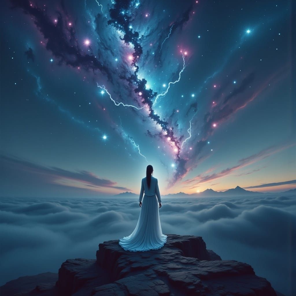 Dreamlike Figure Steps into Starry Cosmos