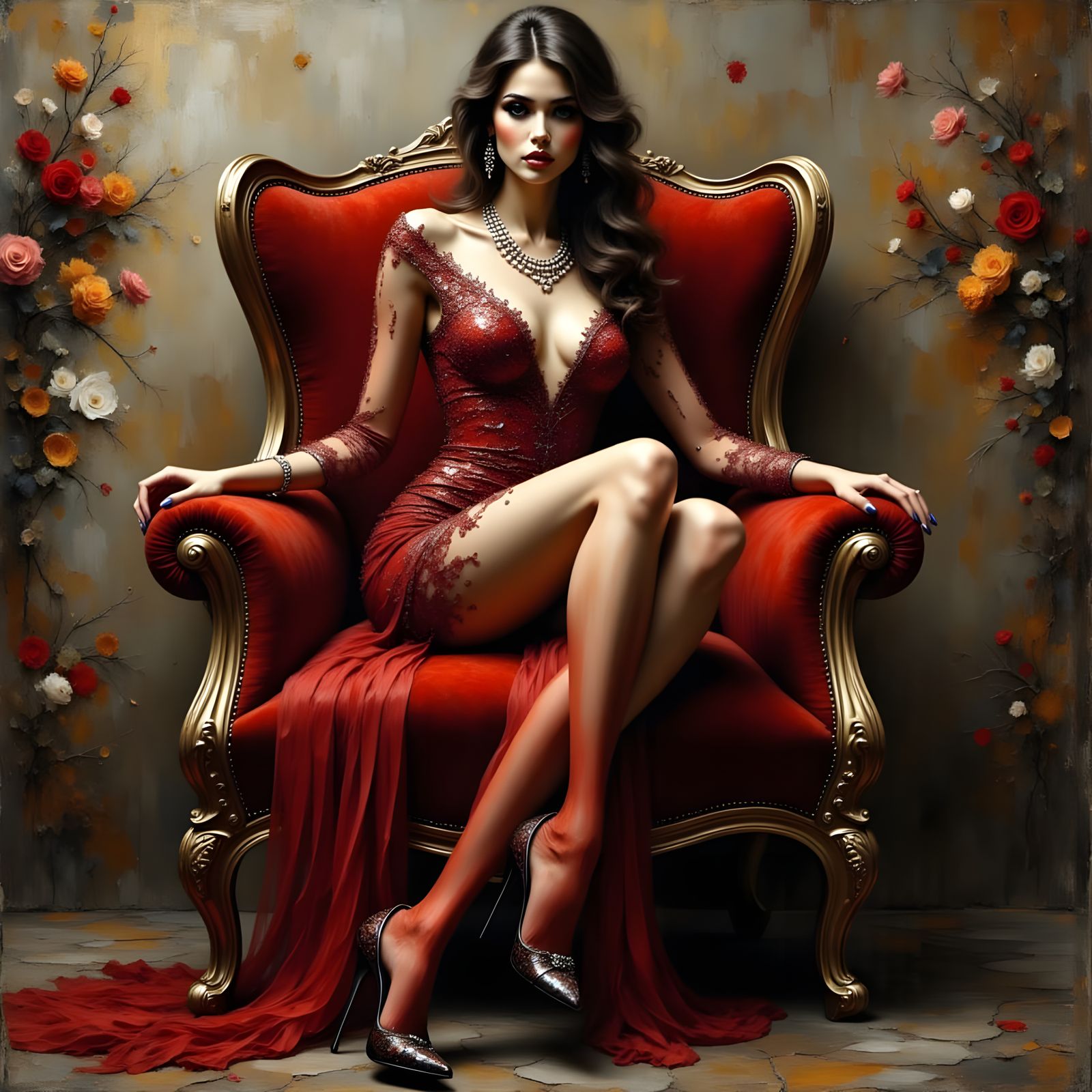 Elegant Woman in Crimson Dress, Art Nouveau Masterpiece