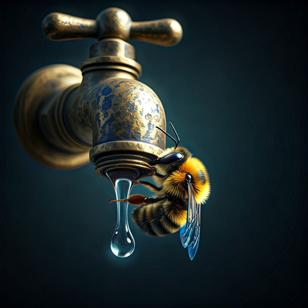 Bee Sipping Water: Ultrarealistic Macro Image