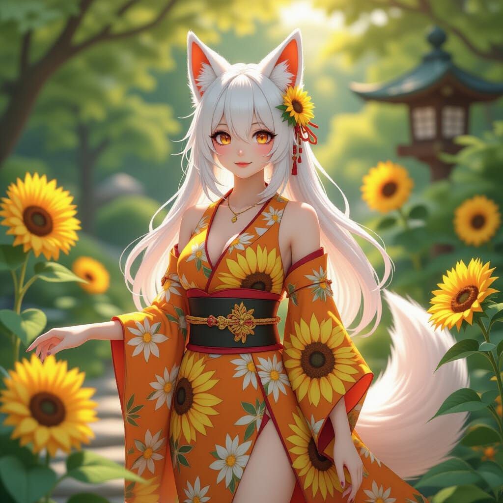 Kitsune in Sunflower Dress in Anime Style Garden