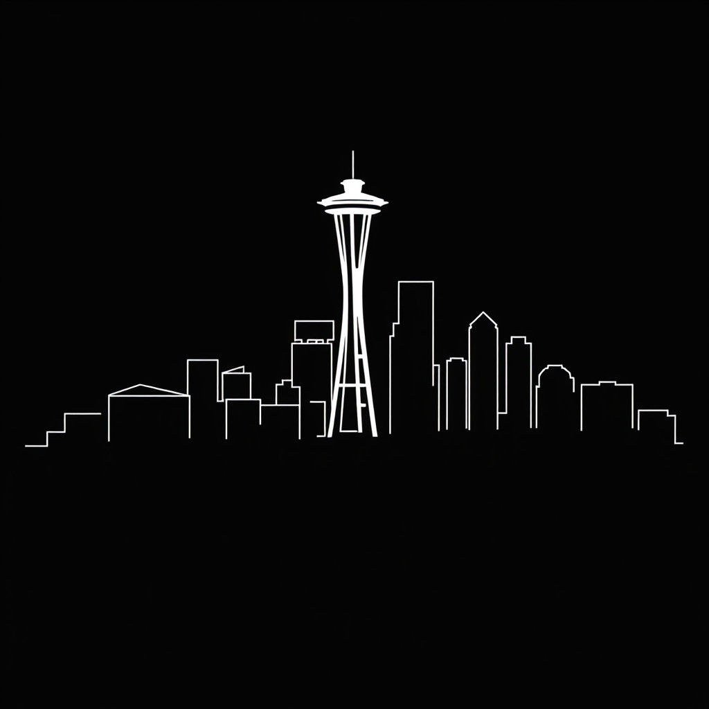 Seattle Skyline: Minimalist White Line Art on Black