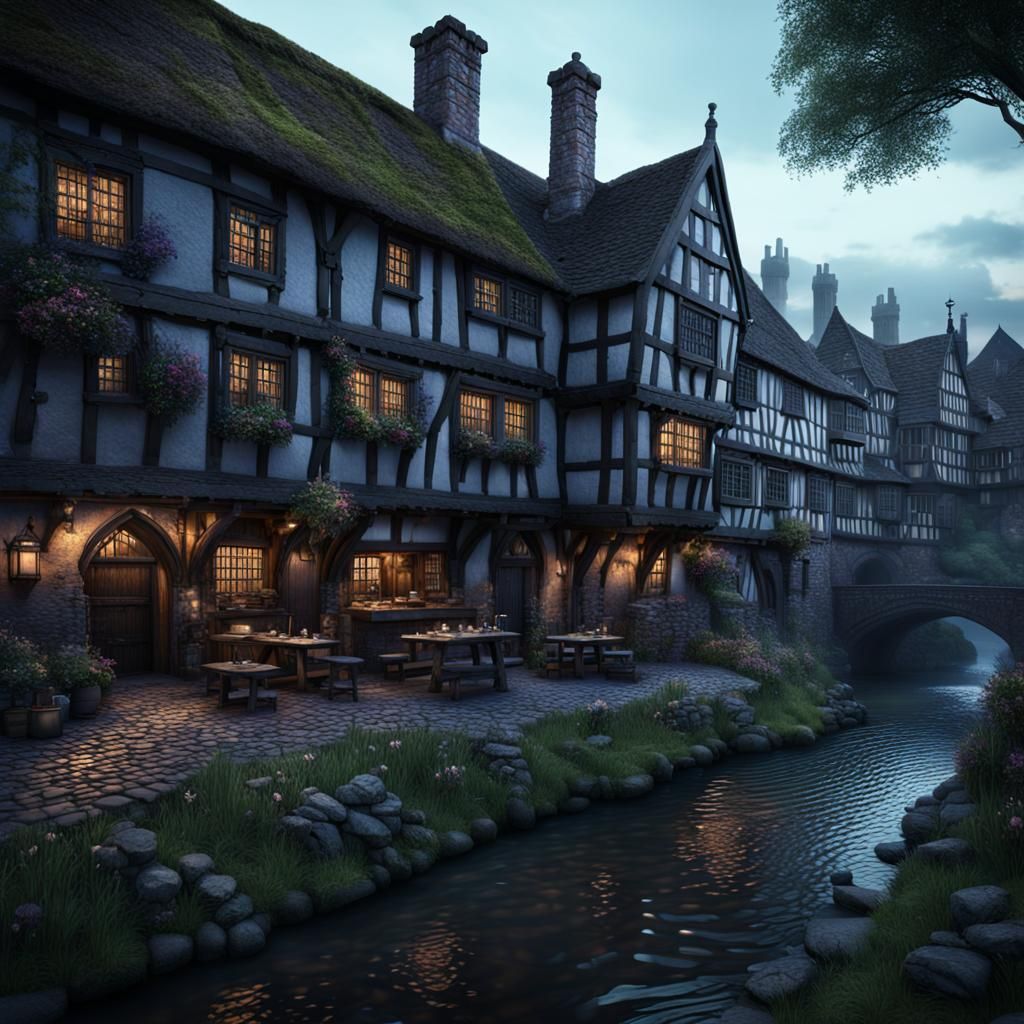 Medieval Tudor Inn by Stream: Digital Matte Painting