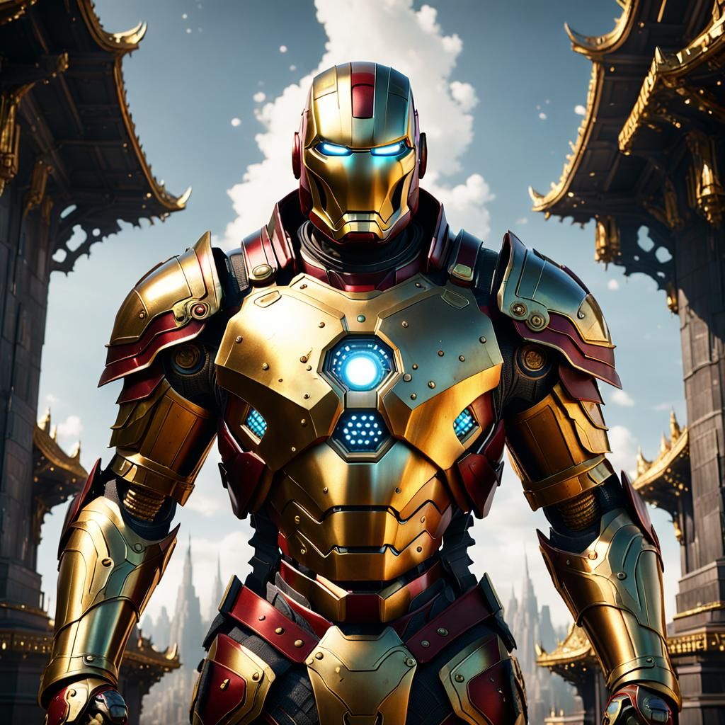 Golden Armored Iron Man in Detailed Digital Painting