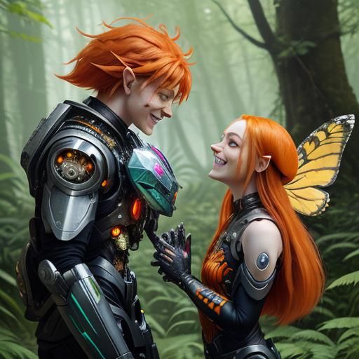 Cyborg Elf Goddess with Fox in Biopunk Forest