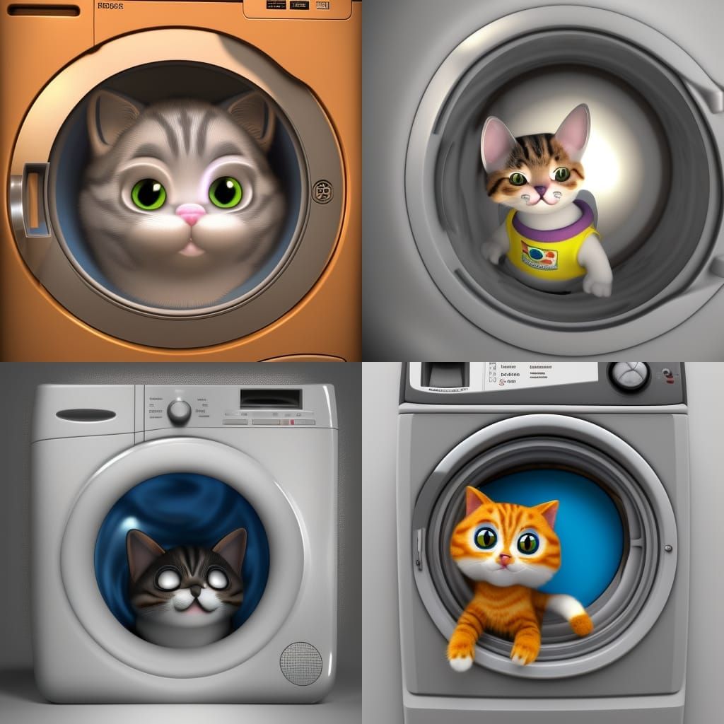 Cute Cat in Washing Machine: Pixar-Style 3D Art