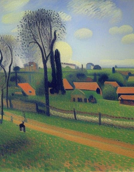 Impressionist Village Painting with Thick Brushstrokes