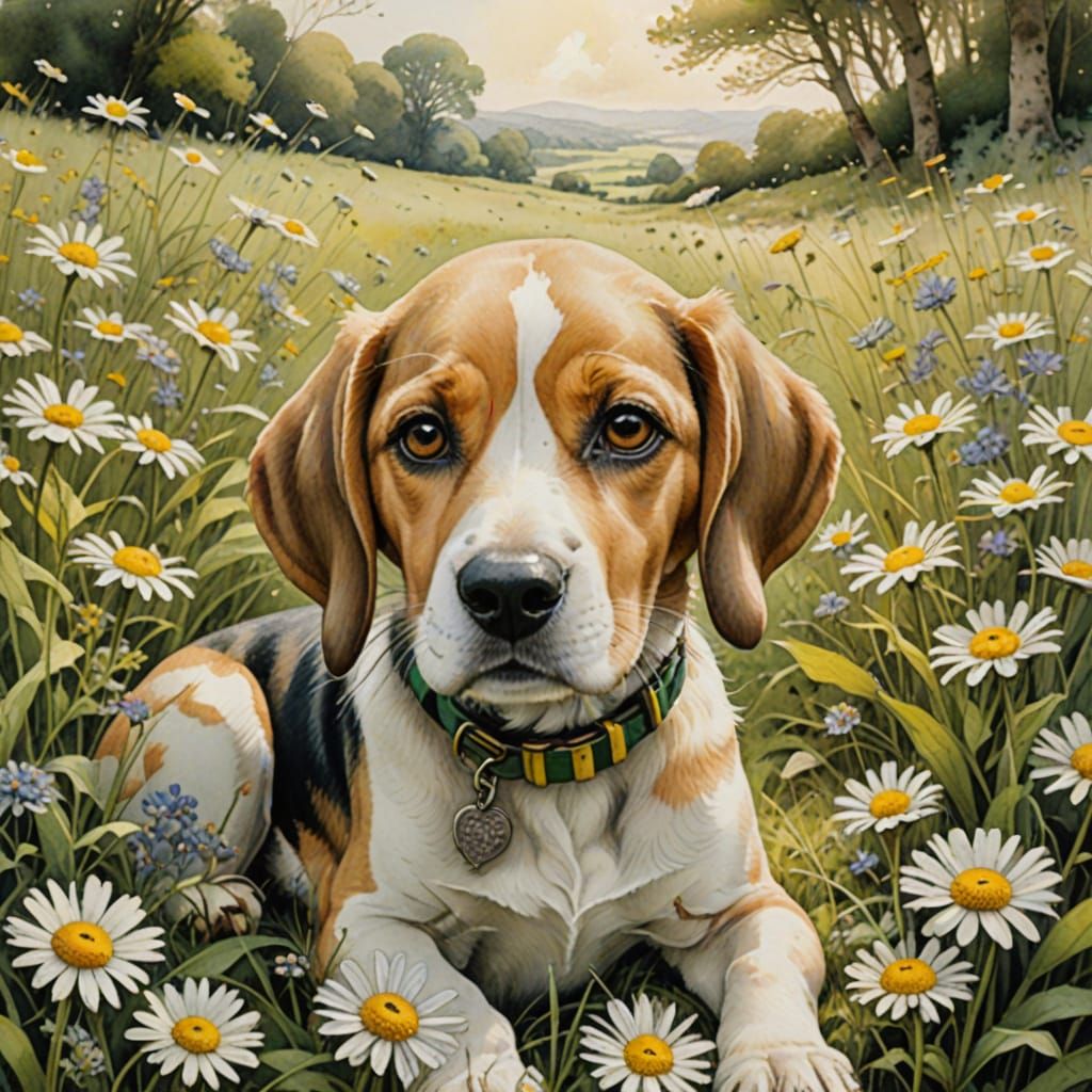 Whimsical Beagle Boy in a Sun-Drenched Meadow