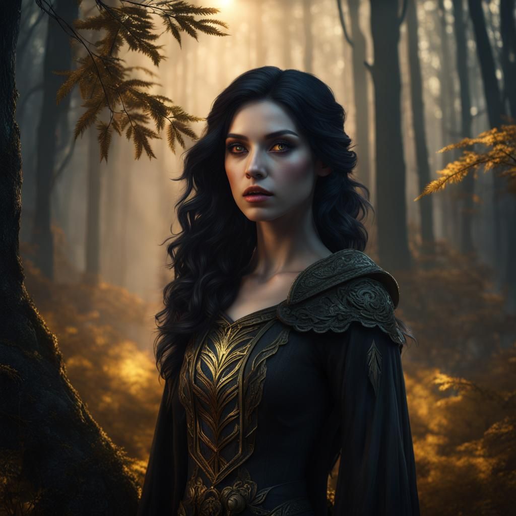 Teen Girl with Golden Eyes in Dark Forest