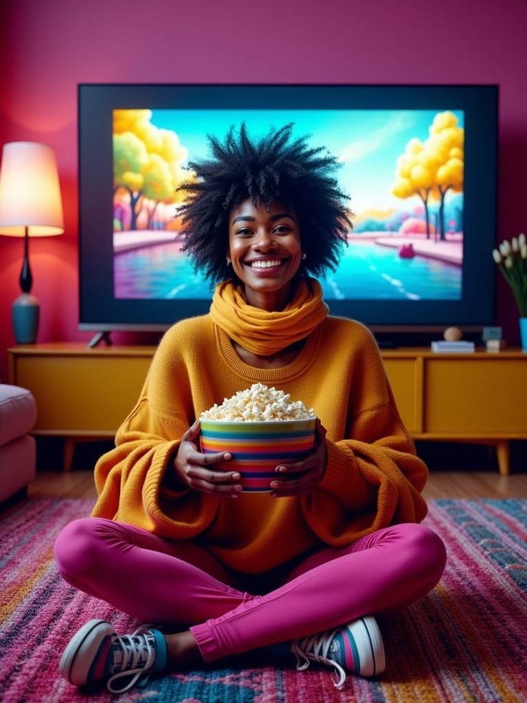 Woman Watching TV in Cartoon Illustration Style