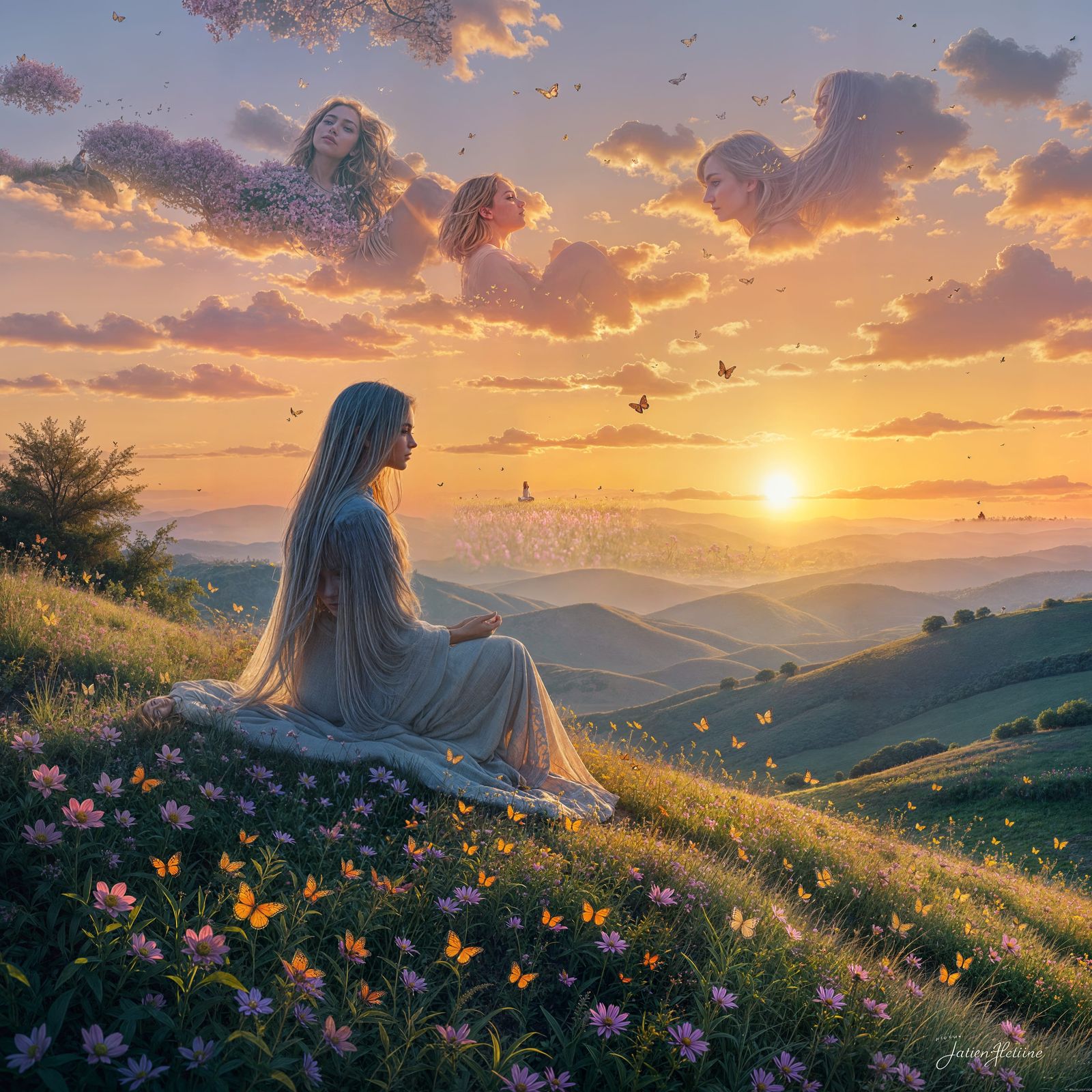 Person on Hill at Sunrise with Flowers and Butterflies