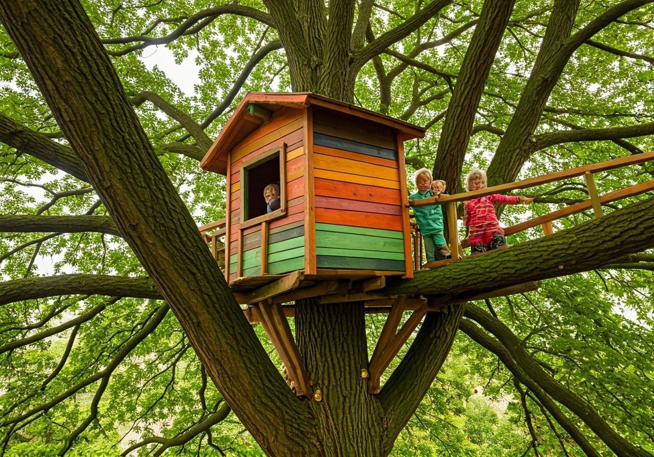 Colorful Wooden Treehouse Birdhouse With Children