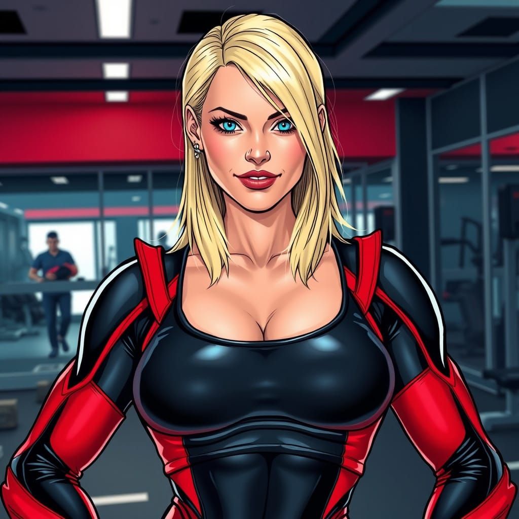 Fit Blond Female in Black Latex Suit, Gym Background