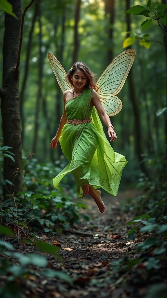 Lovely Fairy in Green Sari Flits Through Forest