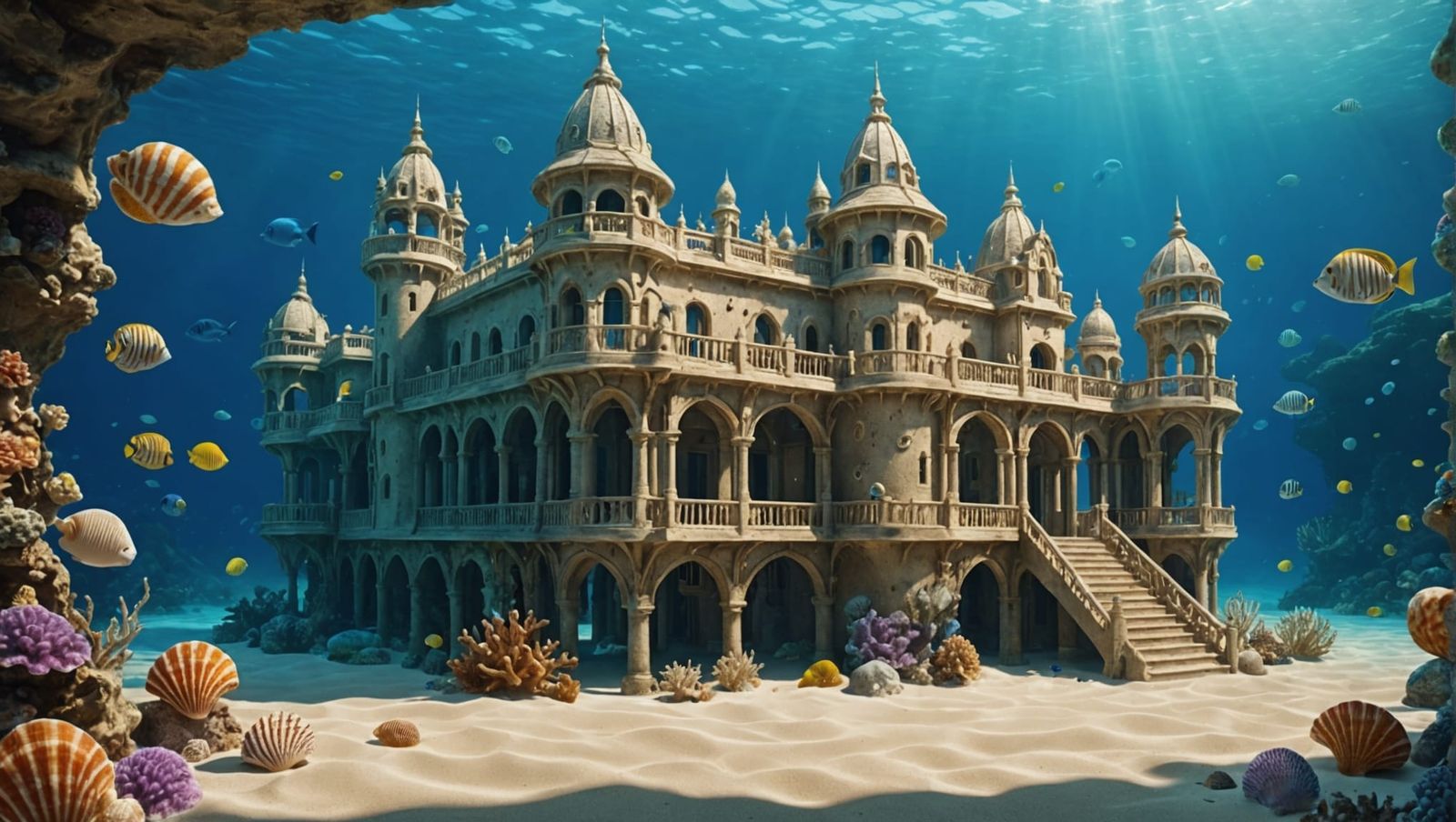An underwater palace built from shimmering sand and seashell...