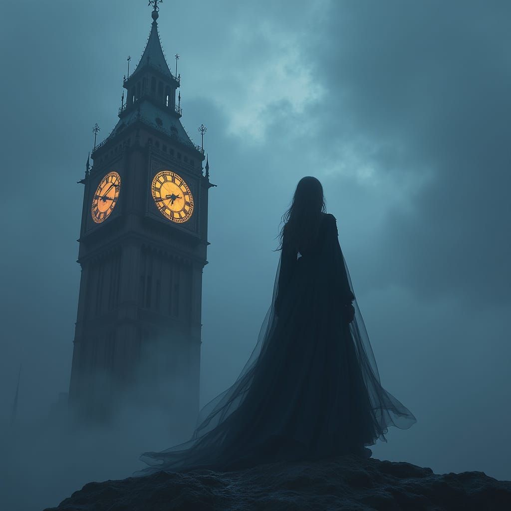 Mystical Woman on Clock Tower in Fantasy Art Style