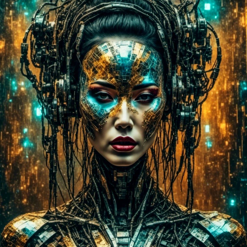 Distressed Asian Android in Cyberpunk Style