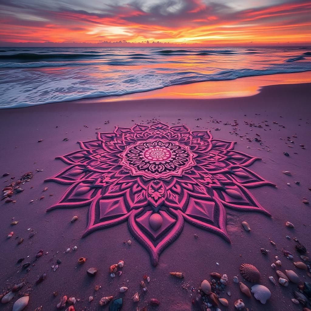 Beach Sand Mandala at Sunset in Hyperrealism Style