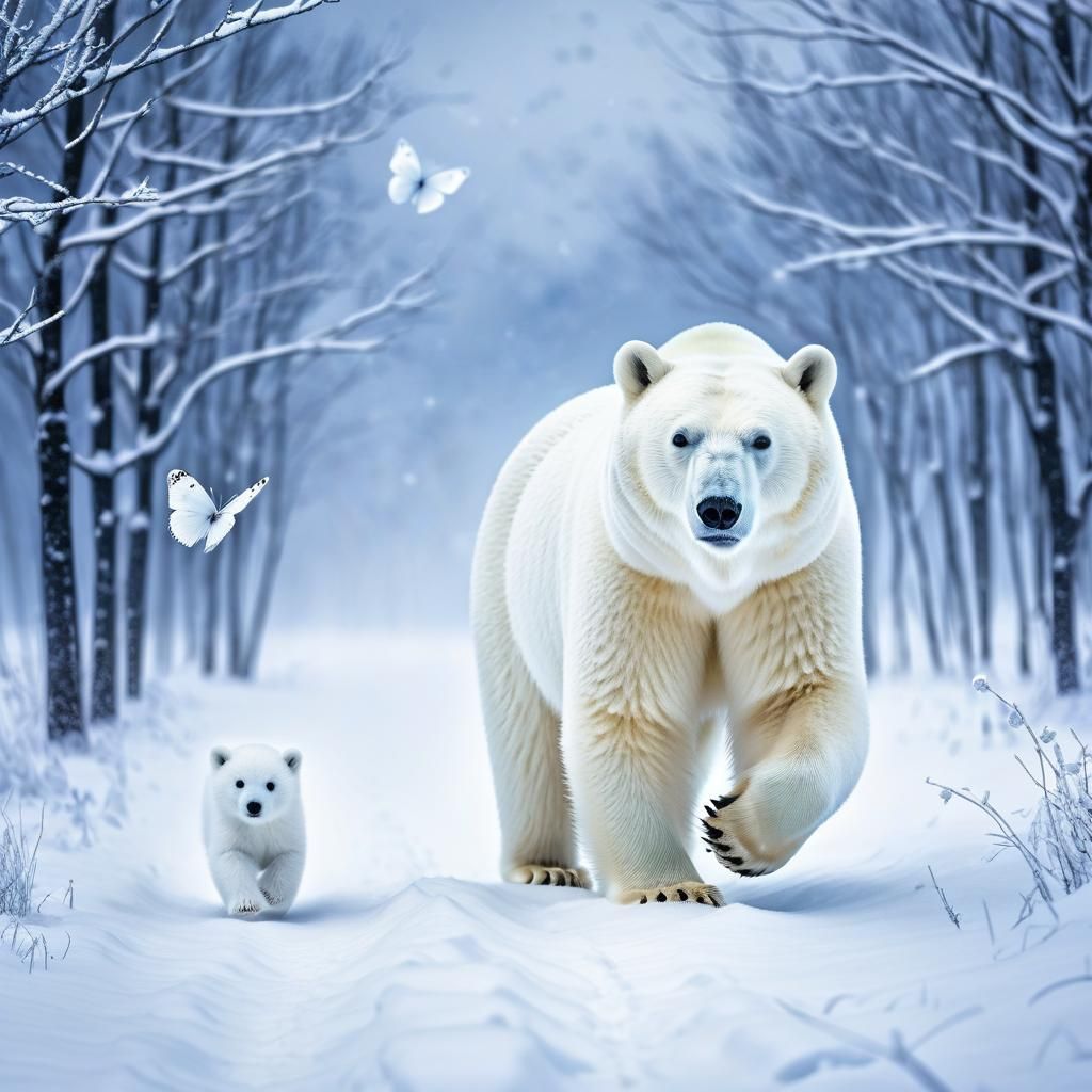 White Cat and Polar Bear in Snowy Impressionism