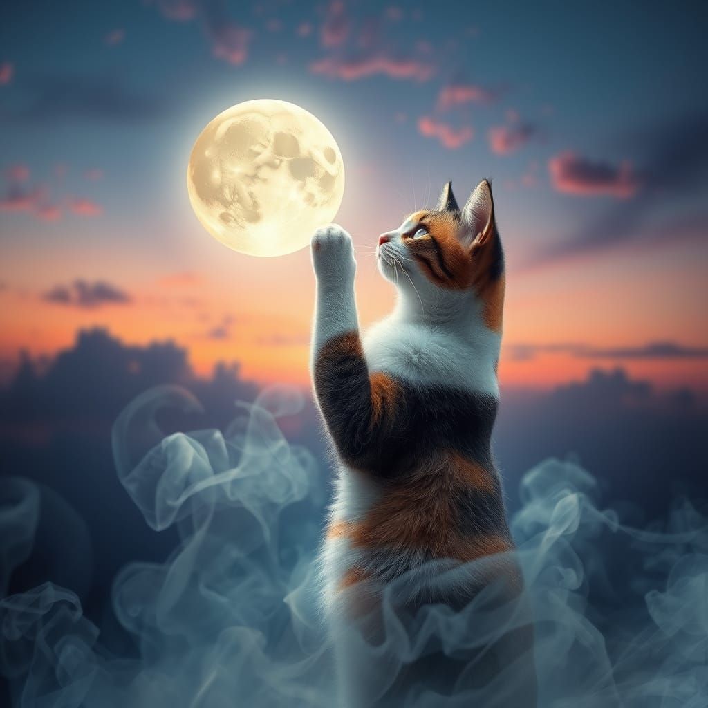 Whimsical Calico Cat Reaches for Cosmic Moon