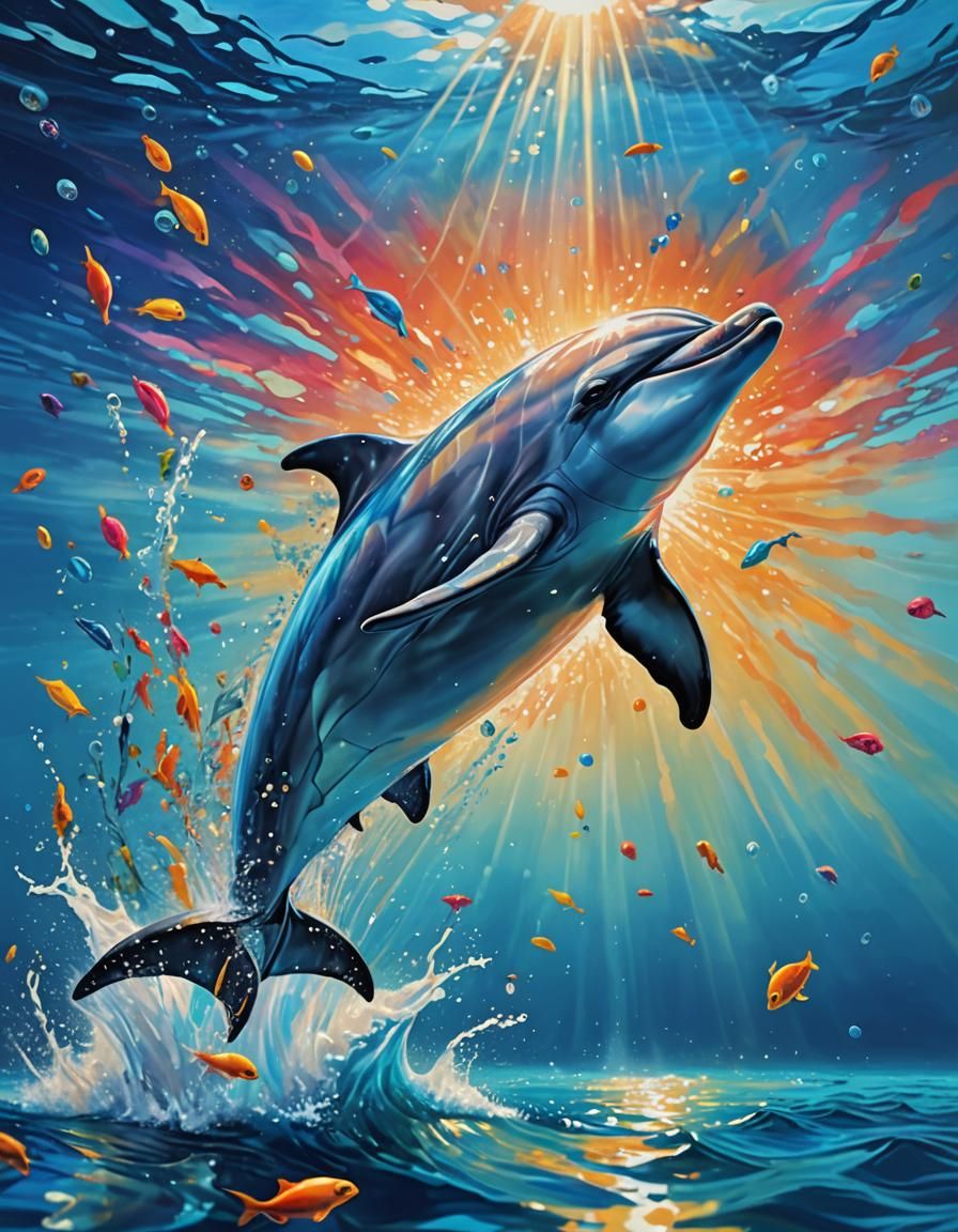 Dolphin Leaps in Shimmering Ocean: Hyper-Realistic Art