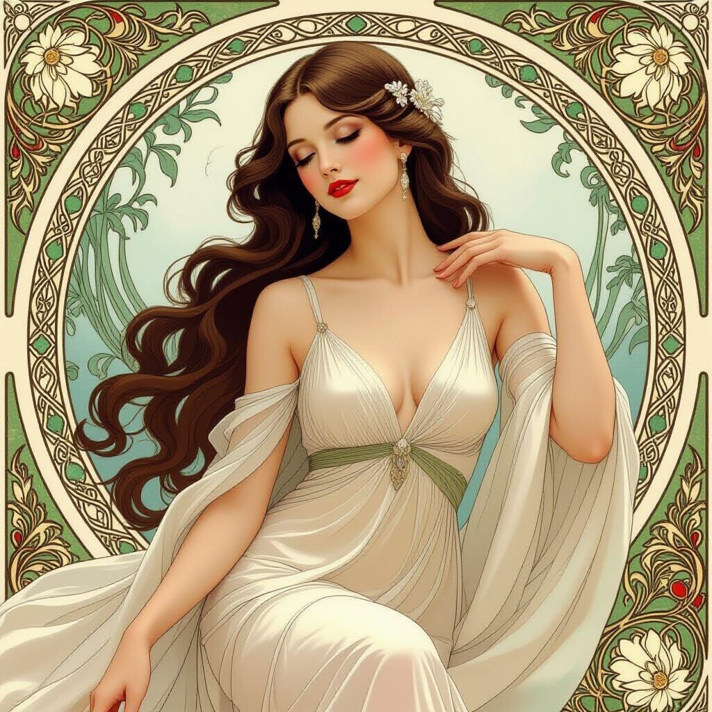 Ethereal Woman in Translucent Dress, Art Nouveau Style