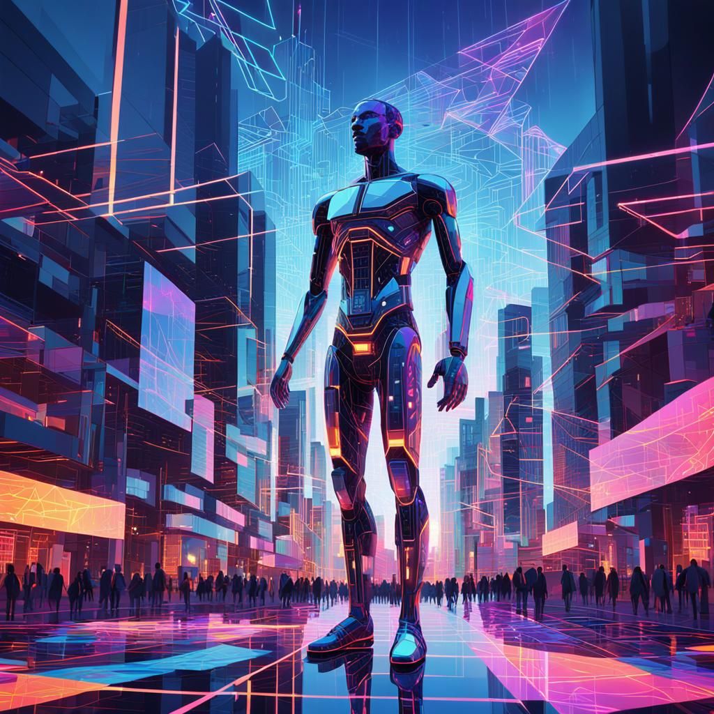 Holographic AI Figure in Neo-Cubist Cityscape