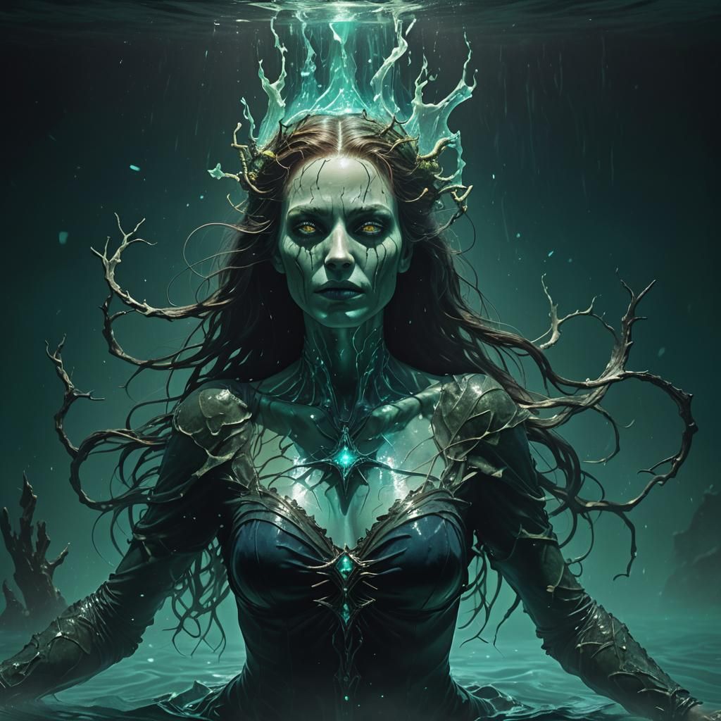 A deadly witch submerged in dark waters, her glowing body casting a stunning blue-green light that stands out against th...