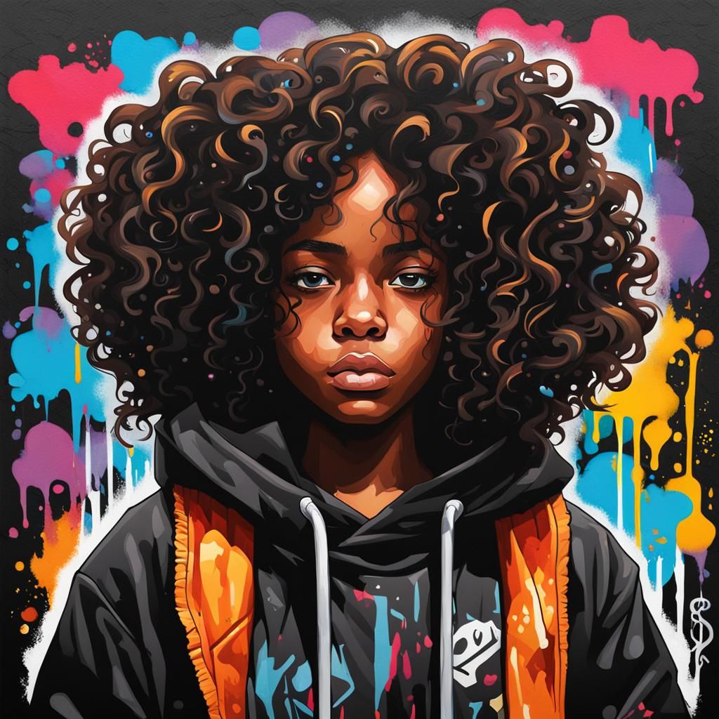 Black Girl in Hoodie: Graffiti Street Art Portrait