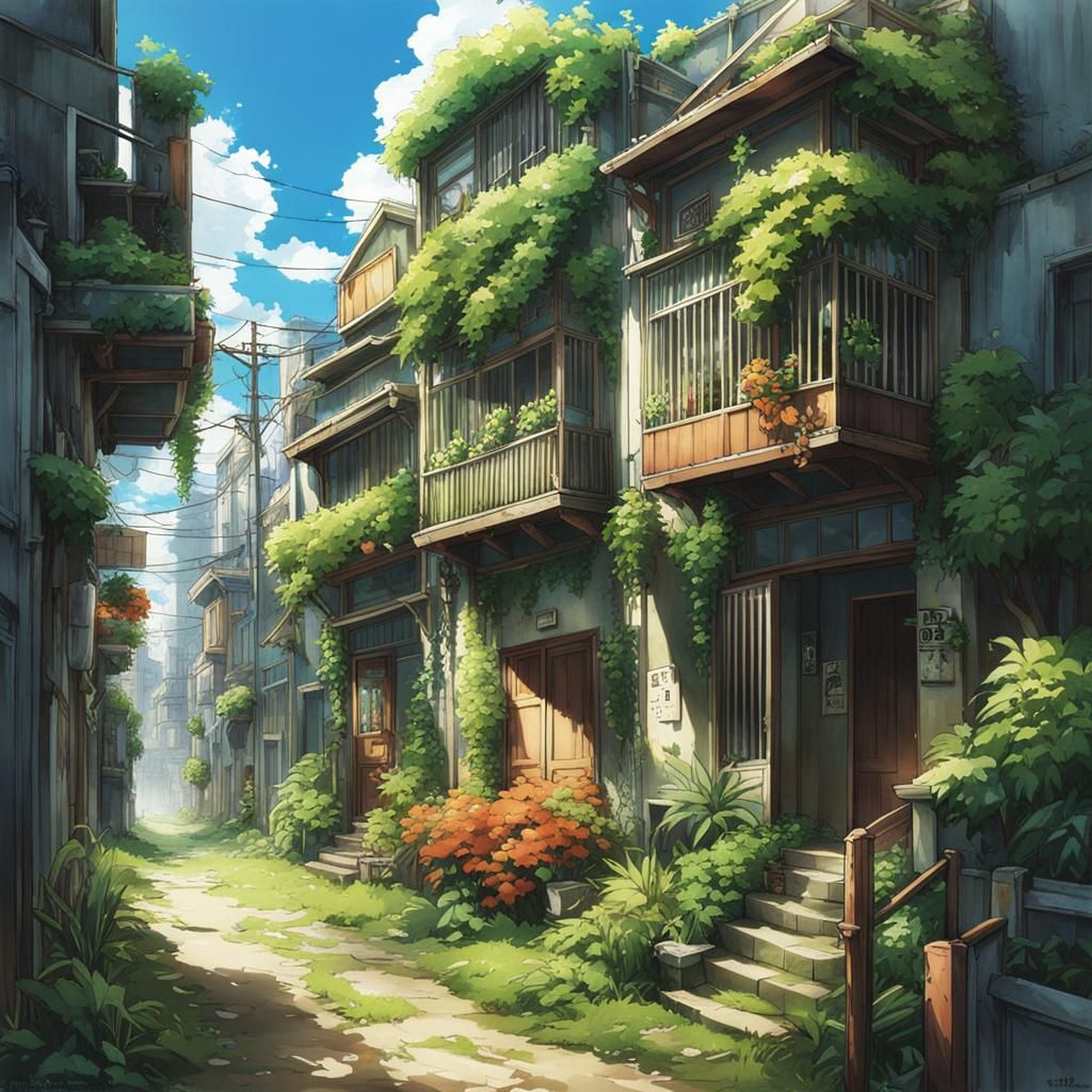 Abandoned City Overgrown with Plants: Anime-Inspired Art