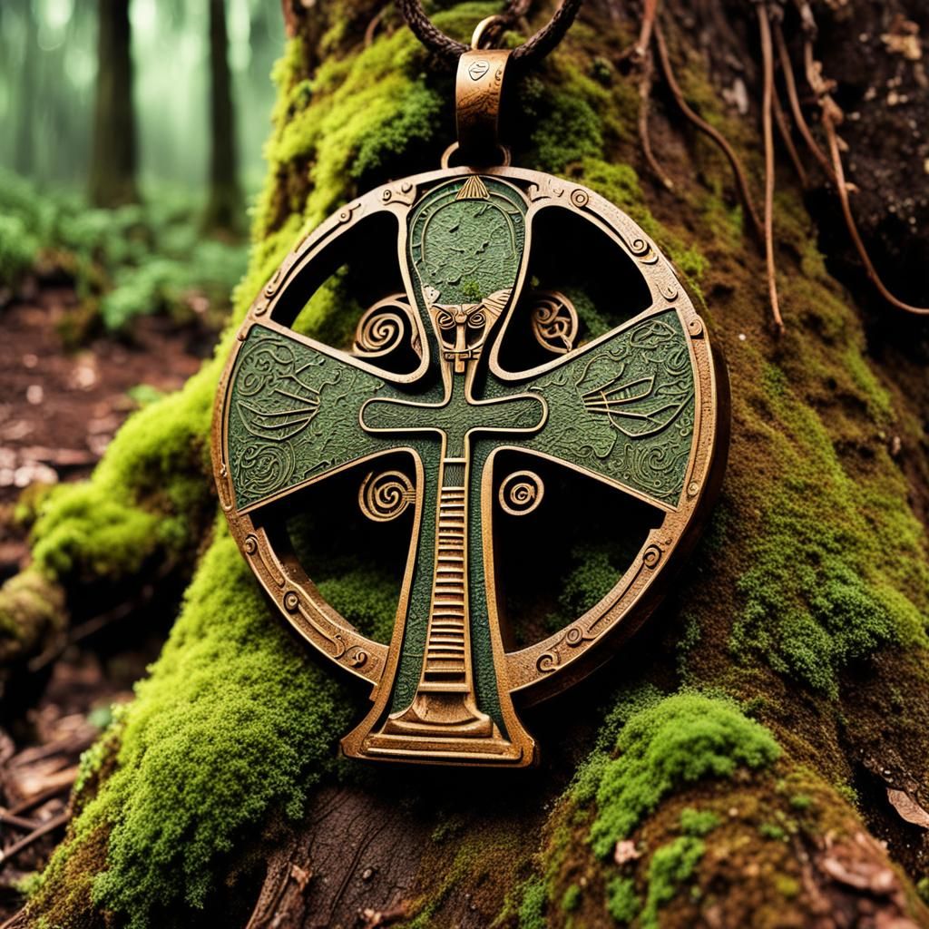 Steampunk Egyptian Amulet Engraved in Mossy Tree