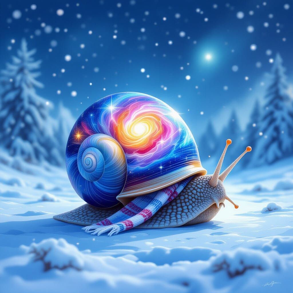 Cosmic Galaxy Snail in a Winter Landscape