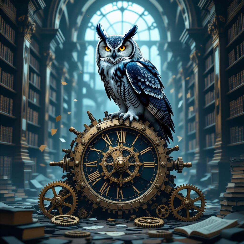 A majestic, ancient owl with feathers like midnight velvet p...