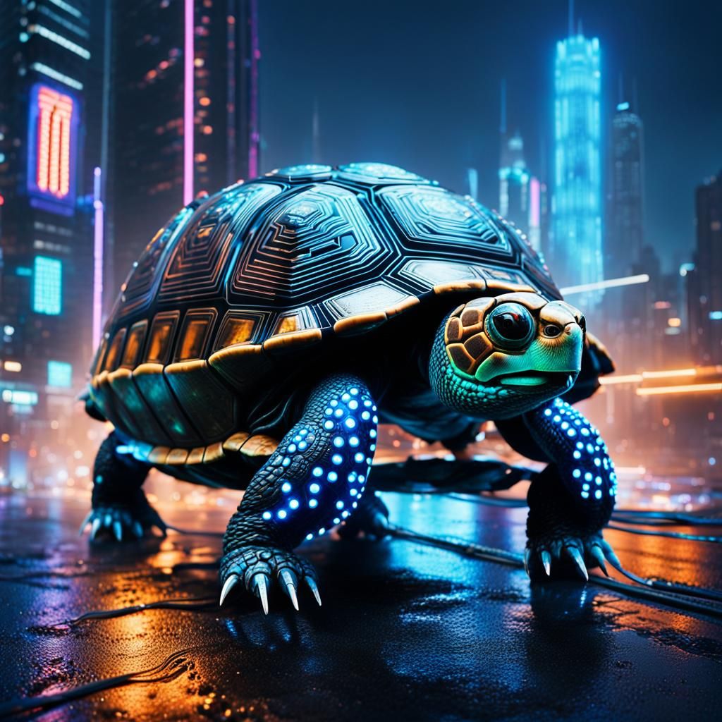 Cyberpunk Tortoise with Glowing Circuits in Neon City